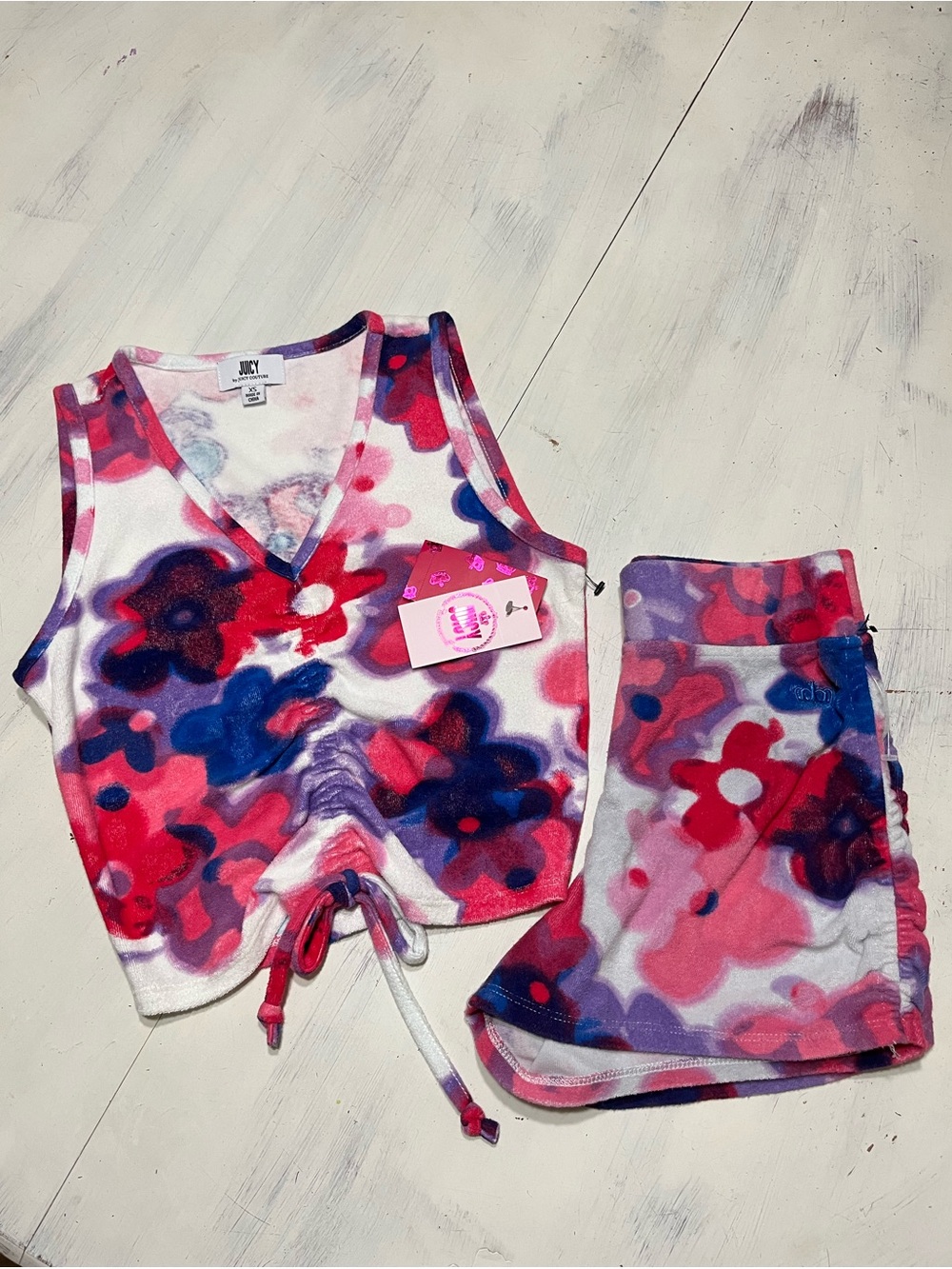 Juicy by Juicy Couture Towel Terry Cloth Floral Ruched Crop Tank & Shorts Set